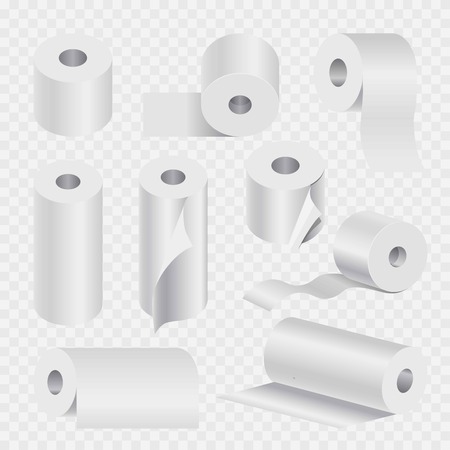 Toilet paper rolls set or kitchen paper towels 3D mock up models. Vector isolated realistic icons set on transparent backgroundのイラスト素材