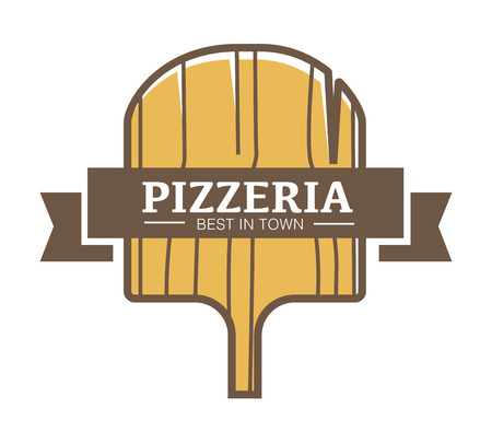 Best pizzeria in town promotional logotype with wooden boardのイラスト素材