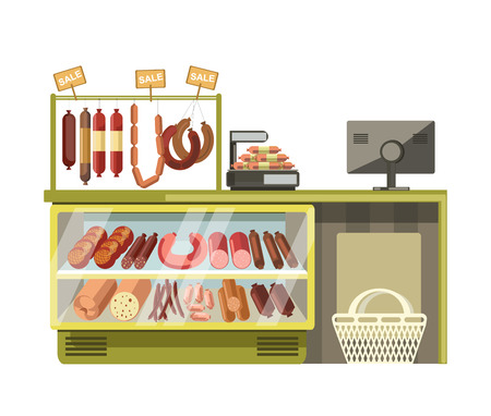 Butchery met sausages shop counter of supermarket store product vector flat displayのイラスト素材