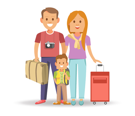 Happy family with full suitcases ready to travelのイラスト素材