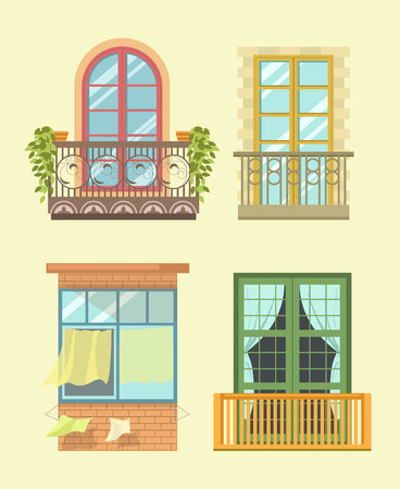 Nice windows in European style with small cozy balconysのイラスト素材