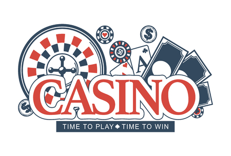 Casino, time to play and win, promotional emblem with checkered roulette wheel, striped poker chips and play cards behind big red sign isolated cartoon flat vector illustration on white background.のイラスト素材