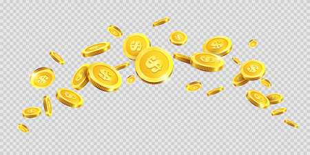 Gold coins rain splash splatter or golden money dollar and metal cent coin spatter fall on transparent background. Vector cash jackpot or fortune money abundance.のイラスト素材
