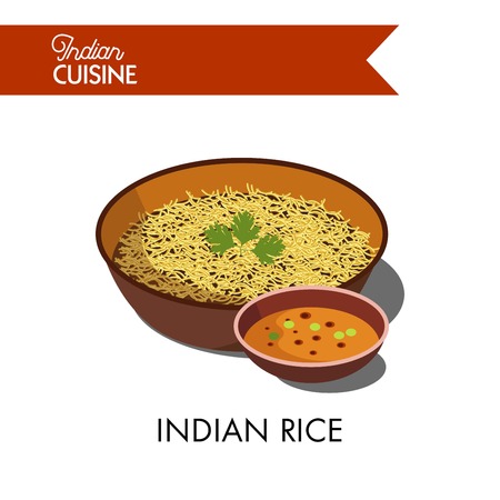 Indian rice decorated with fresh parsley in deep bowl with spicy liquid sauce isolated cartoon vector illustration on white background. Exotic asian nutritious vegetarian cuisine in big portion.のイラスト素材