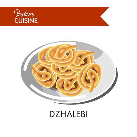 Light sweet dzhalebi on shiny plate isolated cartoon flat vector illustration on white background....