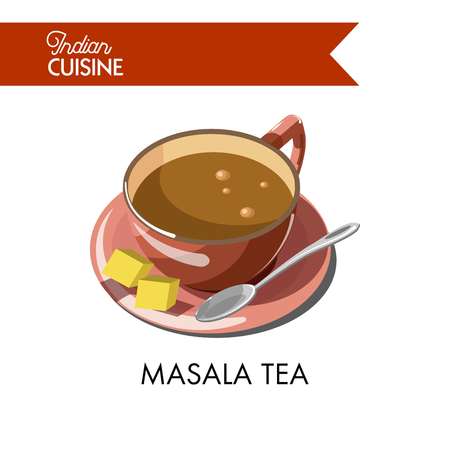 Masala tea cup on saucer with metal spoon and cane sugar cubes isolated cartoon flat vector illustration on white background. Hot healthy drink from India with mixture of spices and natural herbs.のイラスト素材