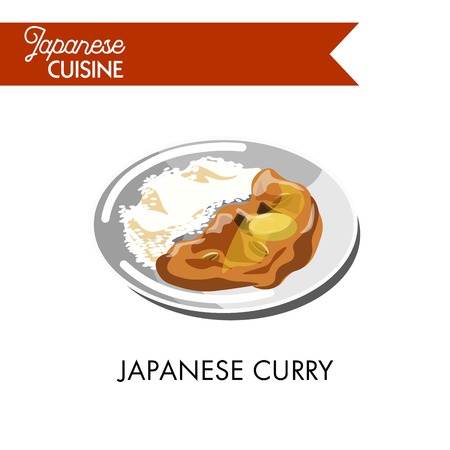 Japanese curry with boiled rice on shiny plate isolated cartoon vector illustration on white background. Popular oriental dish based on spicy sauce used as condiment to high-carbohydrate main course,のイラスト素材