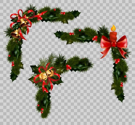 Christmas decoration fir holly wreath bow ribbons elements vector isolated transparent backgroundのイラスト素材
