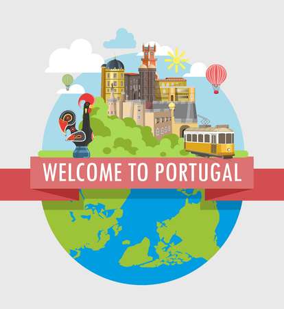 Welcome to Portugal travel poster of Portuguese famous landmark and tourist attractions on world globe. Lisbon yellow tram and rooster symbol, Porto castle or monastery architecture vector flat designのイラスト素材