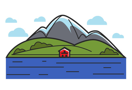 Natural landscape with high mountains, green field, small red house, fluffy clouds and deep blue sea isolated cartoon flat vector illustration on white background. Pure environment and human dwelling.のイラスト素材