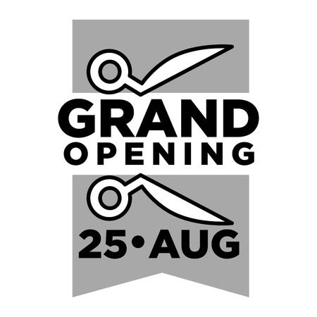 Grand opening on 25 August monochrome emblem with scissors that cut ribbon and with thick sign isolated cartoon flat vector illustration on white background. Important event in form of party.のイラスト素材