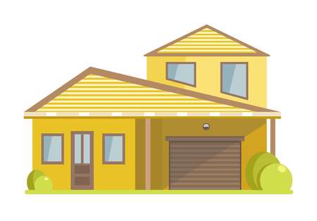 Facade of small house with yellow walls and spacious garageのイラスト素材