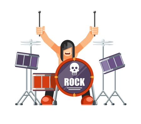 Rock musitian with long hair plays drums with special sticksのイラスト素材