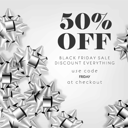 Black Friday sale discount promo offer poster or shop 50 percent price off advertising flyer and coupon. Vector design of silver gift bows on sparkling glitter backgroundのイラスト素材