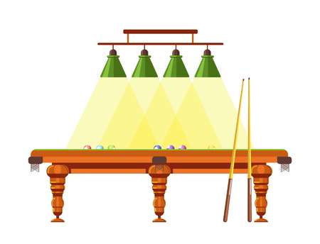 Wooden table for pool with long cues and lamps above