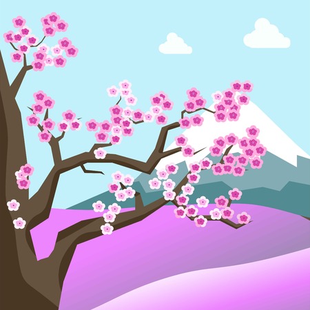 China spring landscape with sakura blossom on treeのイラスト素材