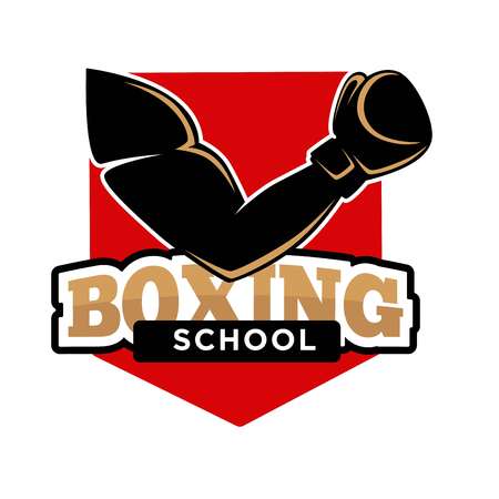 Boxing school promotional with fit arm in glove silhouette isolated cartoon flat illustration on white background. Professional sport club emblem with strong biceps on red stripe.のイラスト素材