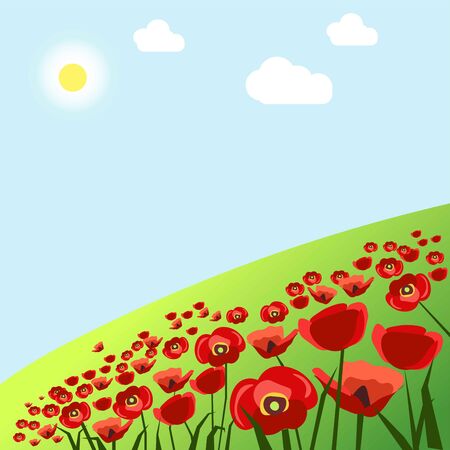 Green field with red poppies under hot summer sunのイラスト素材
