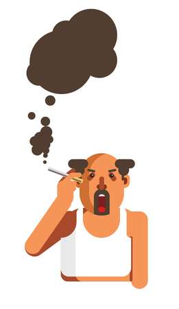 Half-bald man with beard smokes cigarette and spreads black smokeのイラスト素材