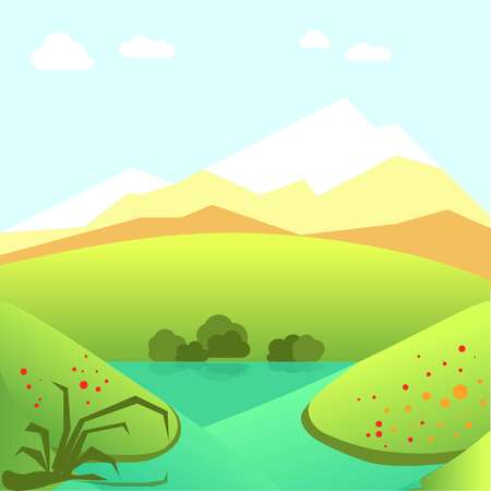Calm summer landscape with green fields and high mountainsのイラスト素材