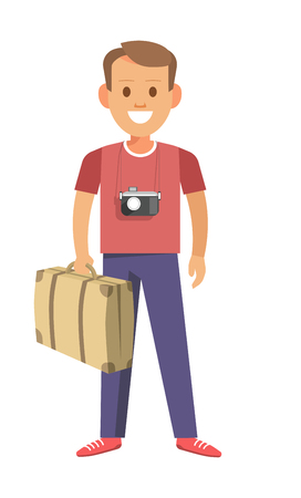 Man with camera that hangs on neck and vintage suitcaseのイラスト素材