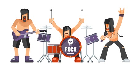 Rock music or rockers band performing on stage with guitarist, percussion drummer man and singer. Rock concert performance stage and musical instruments vector flat isolated iconsのイラスト素材