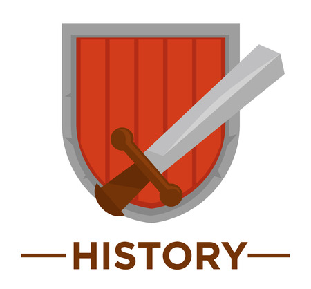 Movie genre icon logo history of ancient royal sword and knight shield. Vector flat isolated symbol template for cinema or channel movie history genre emblemのイラスト素材