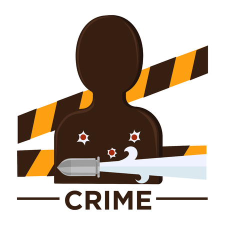Movie genre icon logo crime of man target silhouette, bullet holes and criminal police tape band. Vector flat isolated symbol template for cinema or channel movie crime genre emblemのイラスト素材