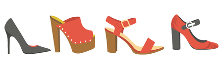 Women shoes or female footwear boots types vector flat isolated icons setのイラスト素材