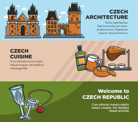 Czech travel tourism landmarks and culture famous sightseeing national cuisine vector bannersのイラスト素材