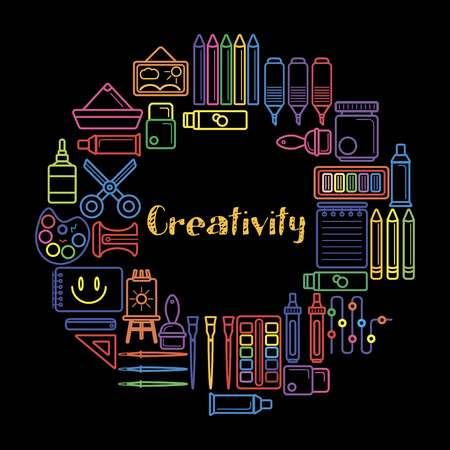 Kids creativity and art design vector poster of painting brush tool icons