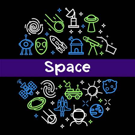Space technology poster of cosmic rockets and satellites and astronaut spaceships. Vector outline icons of telescope, space galaxy and planets, alien ufo and moon lunarの写真素材