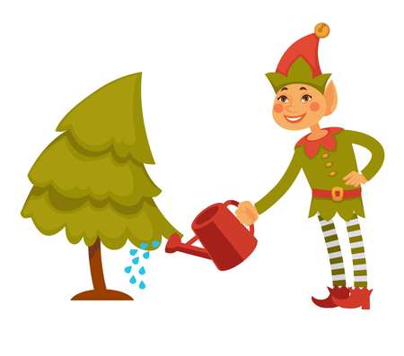 Christmas elf in festive clothes waters conifer treeのイラスト素材