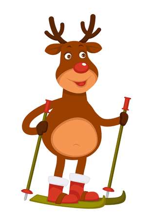 Christmas Polar deer with red nose goes skiingのイラスト素材