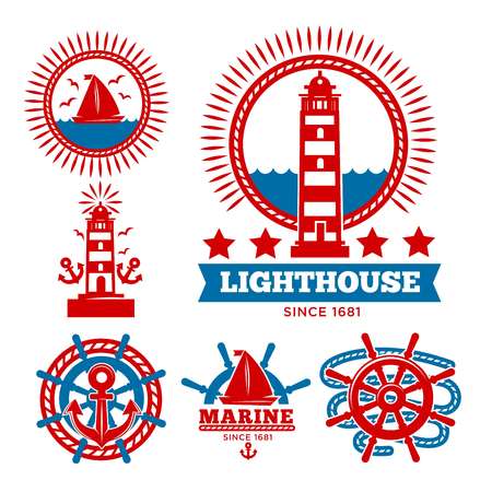 Marine and nautical logo templates or heraldic symbols. Vector isolated icons of ship anchor, helm and captain spyglass, sailing lighthouse or life buoy and sailboat trident or seafarer compassのイラスト素材