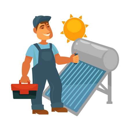 Electrician in overalls with toolkit repairs solar batteryのイラスト素材