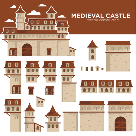 Medieval castle or royal fortress constructor of flat icons.の写真素材