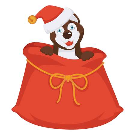 Husky in Christmas hat sits inside huge bag for presentsのイラスト素材