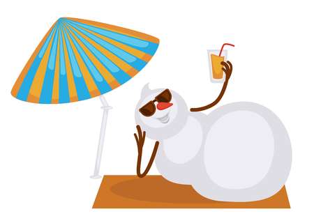 Snowman in sunglasses with fresh drink lies on beach illustration.のイラスト素材
