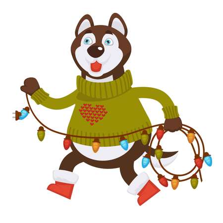 Husky dog in warm sweater and boots carries long garland illustration.のイラスト素材
