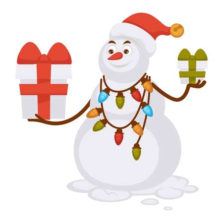 Snowman in Christmas hat and garland with lights illustration.のイラスト素材