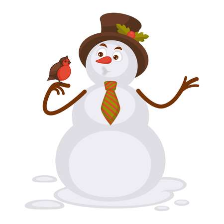 Snowman in tall hat and striped tie talks to bird illustration.のイラスト素材