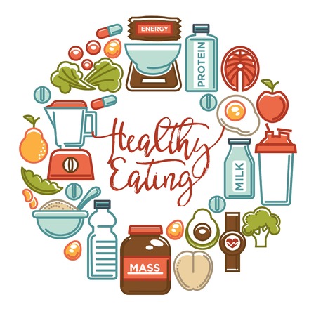 Fitness food and sports healthy diet nutrition products supplements vector icons posterのイラスト素材
