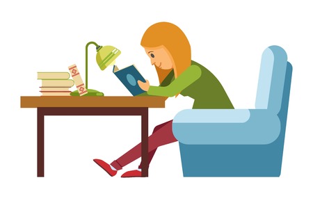 Girl student reading book in library or bookshop and sitting on chair at table with lamp. Vector flat design of people read and study education or pupil learning lessonのイラスト素材