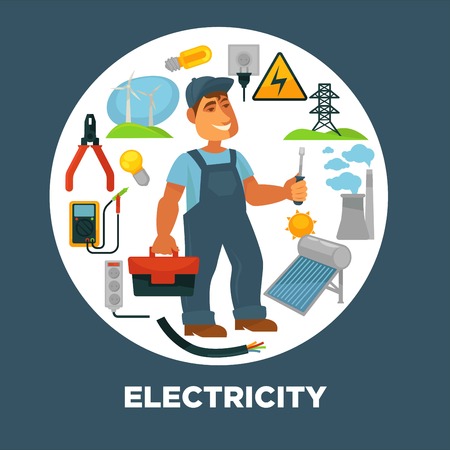 Electrician with toolkit surrounded with electricity sources and tools.のイラスト素材