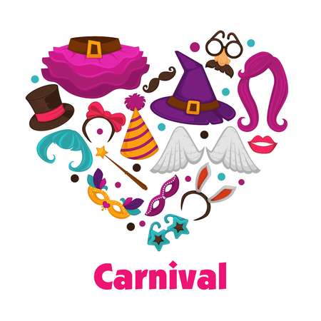 Carnival party promo poster with accessories and garments inside heart.のイラスト素材