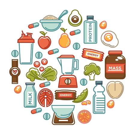 Fitness food poster of sports healthy diet food nutrition icons.のイラスト素材