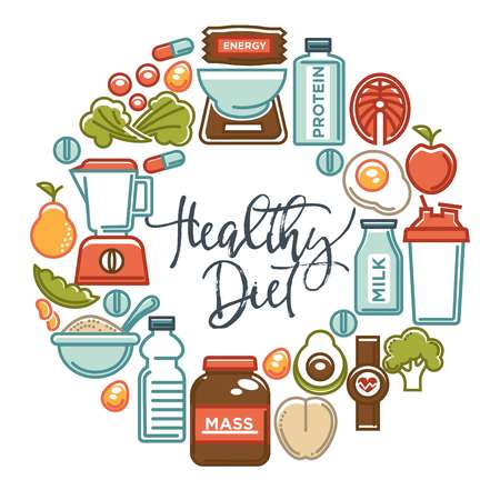 Fitness food poster of sports healthy diet food nutrition icons.のイラスト素材