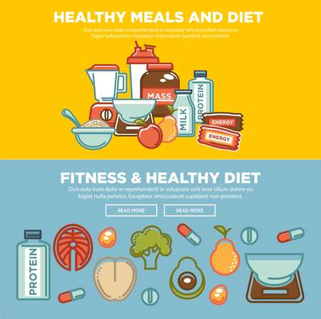 Fitness food and sports healthy diet food nutrition flat banners design.のイラスト素材