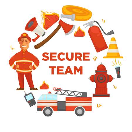 Secure team poster of firefighter extinguishing equipment iconsのイラスト素材